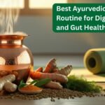 Ayurvedic Morning Routine for Digestion. Copper water vessel with steam rising, surrounded by fresh Ayurvedic herbs and spices against a soft sunrise-lit yoga setting, illustrating a natural morning routine for digestion.