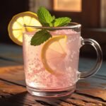 pink salt weight loss recipe, Close-up of a glass mug filled with pale pink Himalayan salt water, garnished with a fresh lemon slice and sprig of mint, set on a rustic wooden countertop bathed in warm morning light.